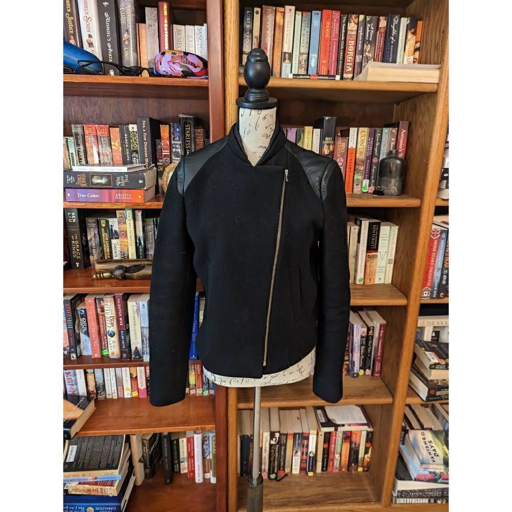 Maje h14 gentia black wool cashmere and leather  jacket off center zip sz 40 euc